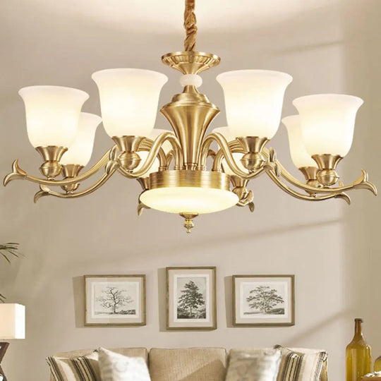 Modern Opaline Glass Chandelier For Living Room - Gold Bell Hanging Light Fixture 8 / White