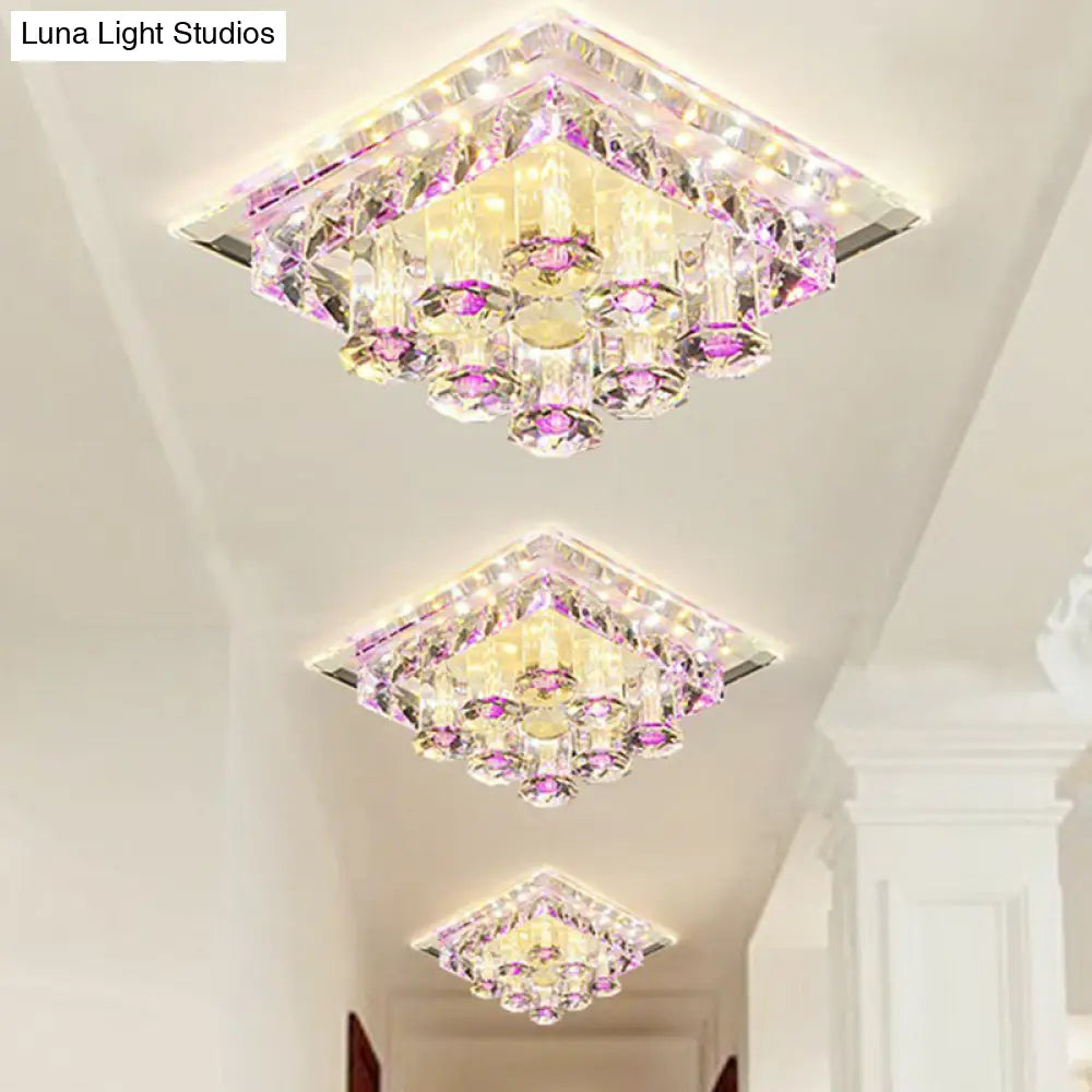 Modern Optic Prismatic Crystal Led Flush Mount - Square Ceiling Light Fixture For Aisle