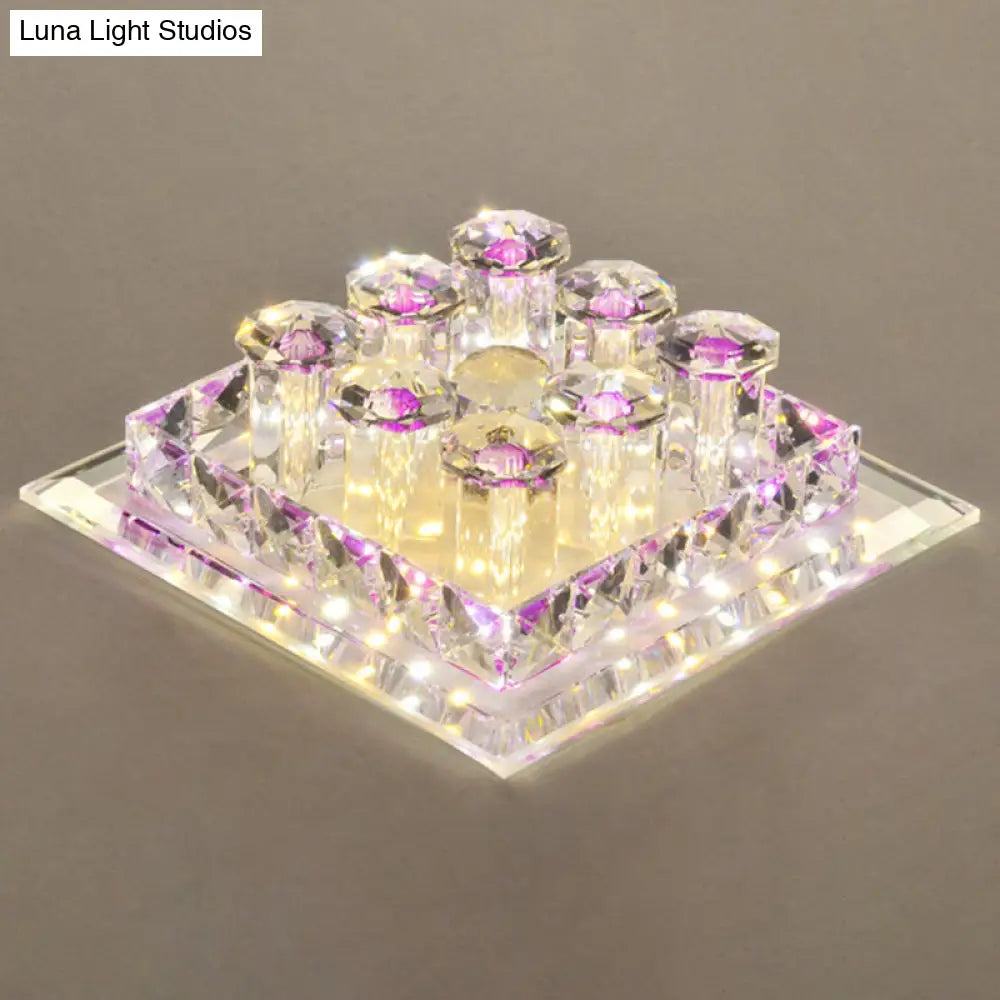 Modern Optic Prismatic Crystal Led Flush Mount - Square Ceiling Light Fixture For Aisle