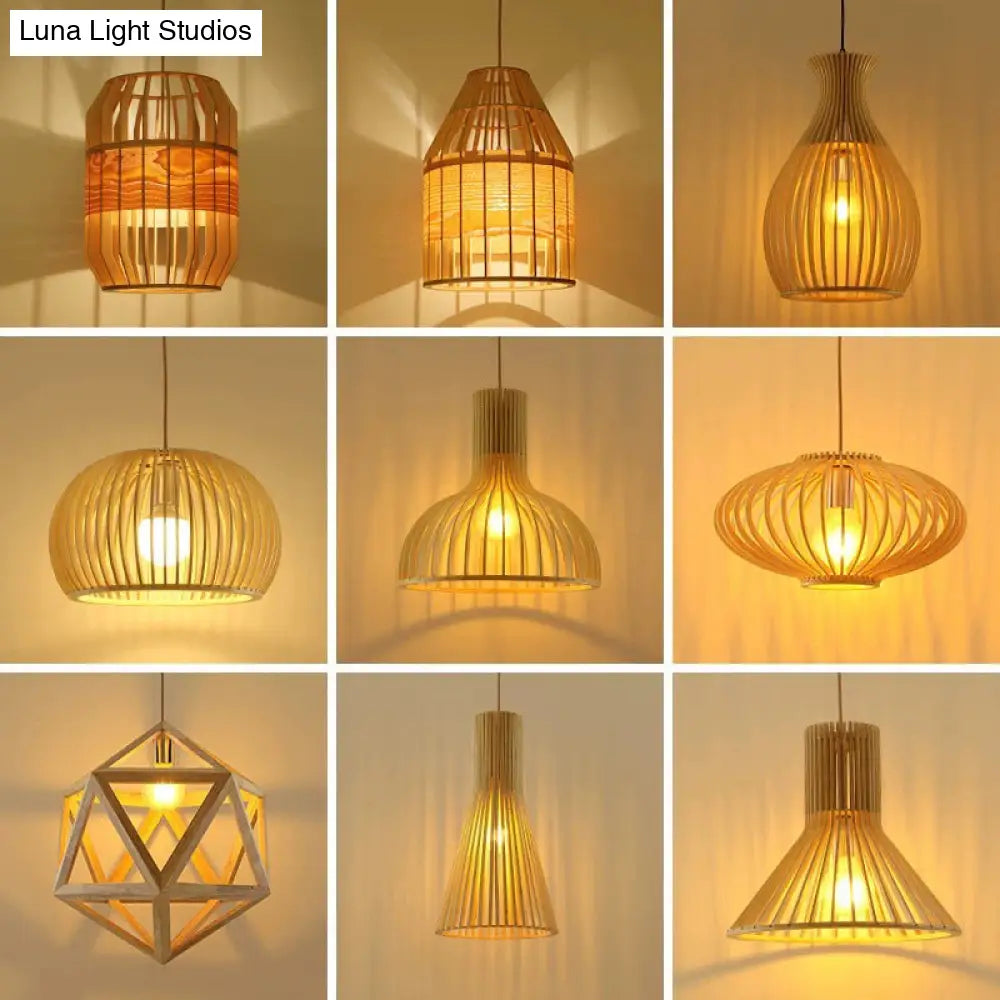 Modern Orb Bamboo Pendant Light - 1-Light Beige Suspended Fixture For Dining Table