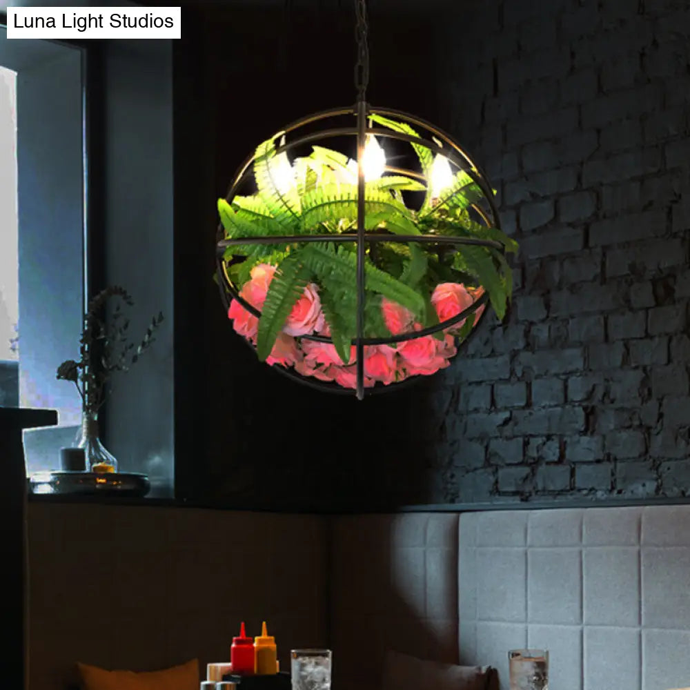 Black Orb Cage Iron Chandelier: Loft 4-Light Ceiling Hang Fixture With Rose And Leaf Accents Ideal