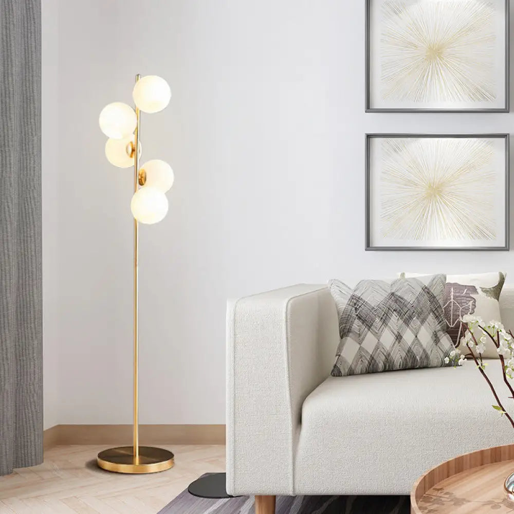 Modern Orb Floor Lamp: Milky Glass 5-Light Gold Lighting For Living Room