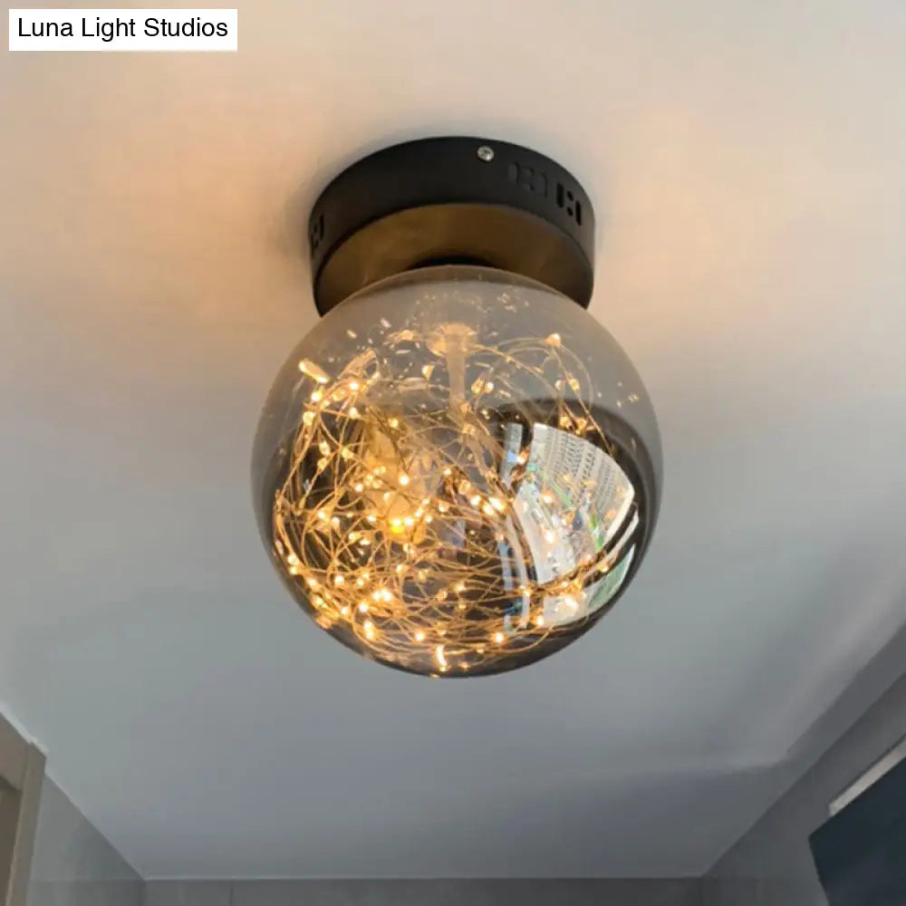 Modern Orb Smoke Grey Glass Led Flush Mount Ceiling Light With Inner Glowing String