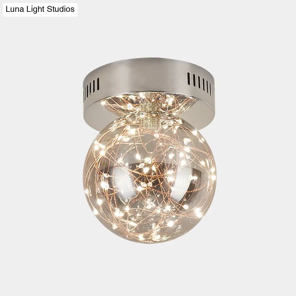 Modern Orb Smoke Grey Glass Led Flush Mount Ceiling Light With Inner Glowing String