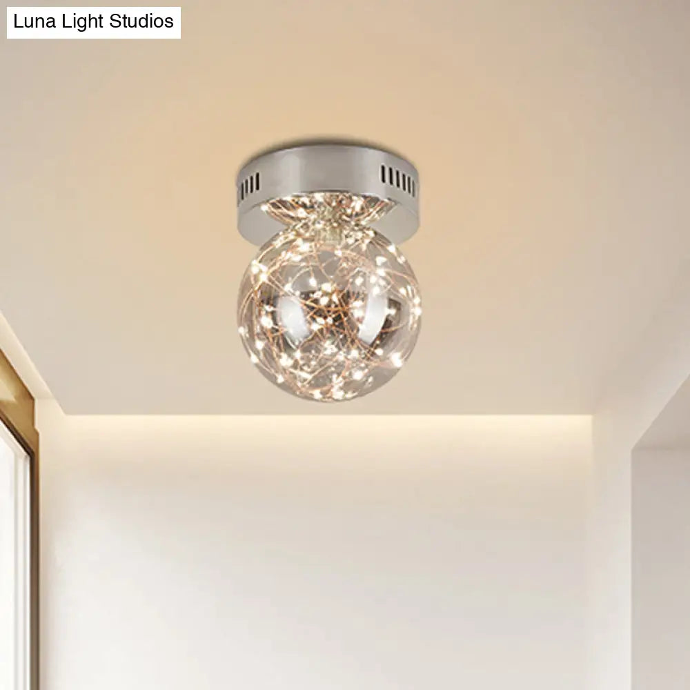 Modern Orb Smoke Grey Glass Led Flush Mount Ceiling Light With Inner Glowing String