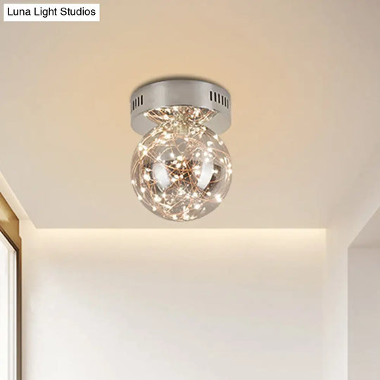 Modern Orb Smoke Grey Glass Led Flush Mount Ceiling Light With Inner Glowing String