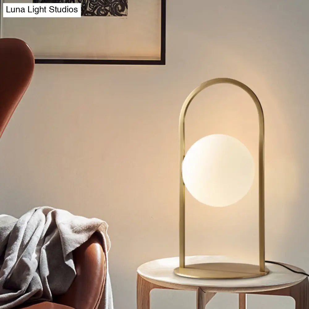 Modern Oval Brass Desk Lamp With Milk Glass Shade - 1 Bulb Metal Table Light For Living Room