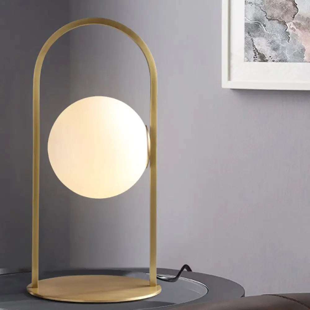 Modern Oval Brass Desk Lamp With Milk Glass Shade - 1 Bulb Metal Table Light For Living Room