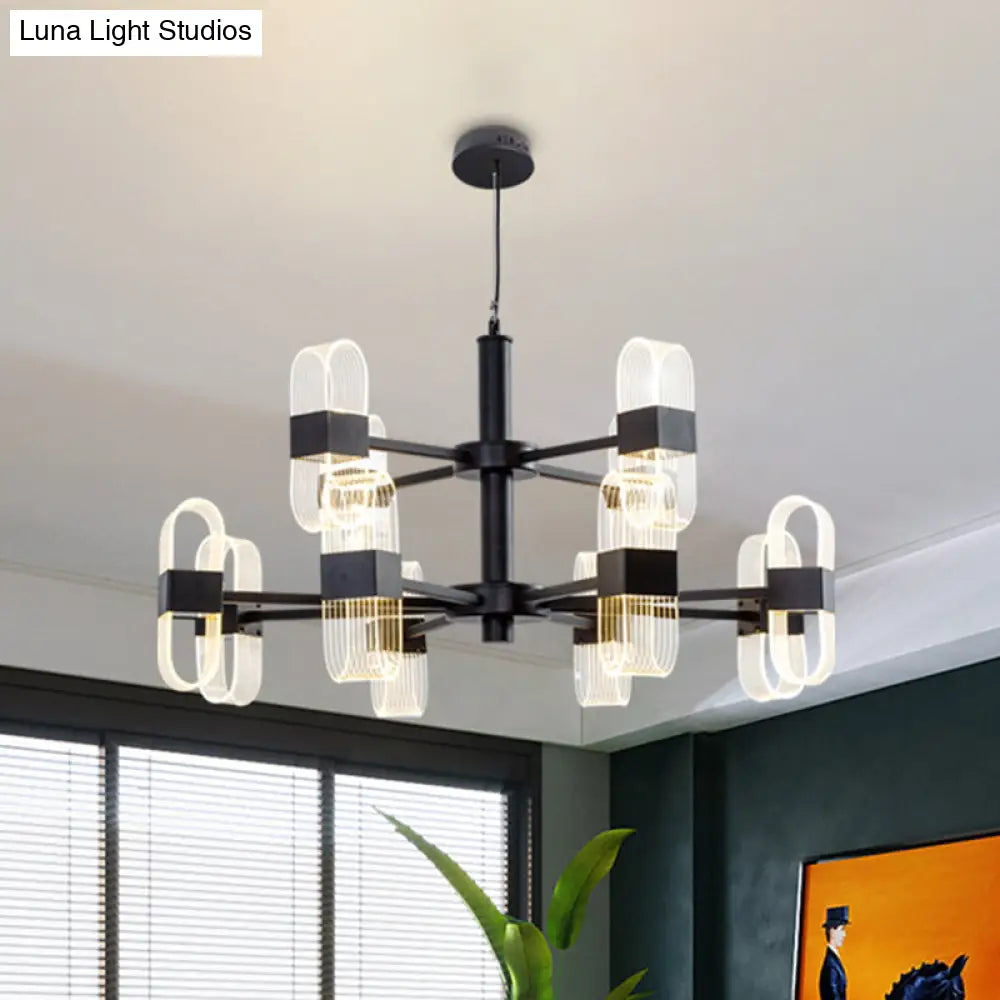 Modern Oval Chandelier Light - Acrylic 6/8/12 Heads Living Room Hanging Lamp With Black Rod