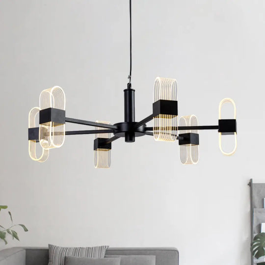 Modern Oval Chandelier Light - Acrylic 6/8/12 Heads Living Room Hanging Lamp With Black Rod