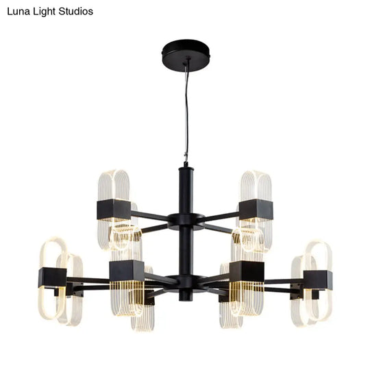 Oval Chandelier With Acrylic Heads And Black Rod For Modern Living Room - Available In Warm/White