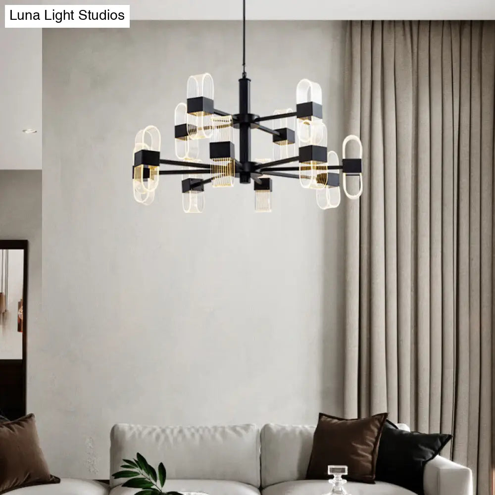 Oval Chandelier With Acrylic Heads And Black Rod For Modern Living Room - Available In Warm/White