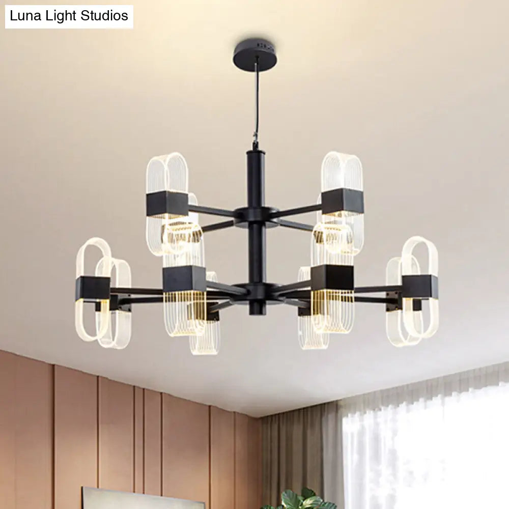 Oval Chandelier With Acrylic Heads And Black Rod For Modern Living Room - Available In Warm/White