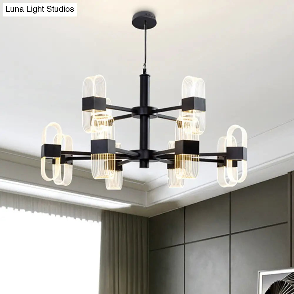 Oval Chandelier With Acrylic Heads And Black Rod For Modern Living Room - Available In Warm/White