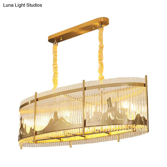 Modern Oval Crystal Rod Island Pendant Lamp With Gold Carved Mountain Pattern