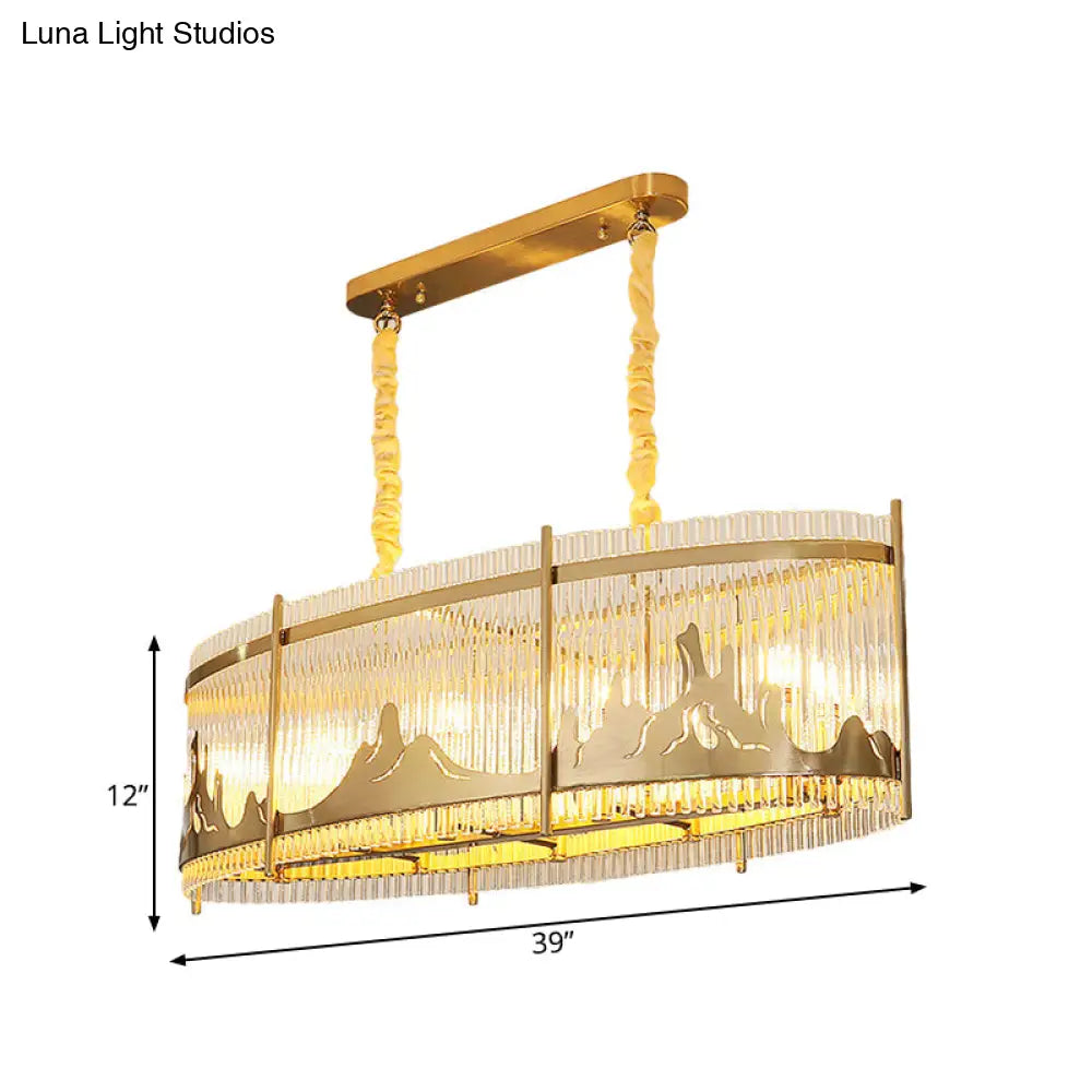 Modern Oval Crystal Rod Island Pendant Lamp With Gold Carved Mountain Pattern