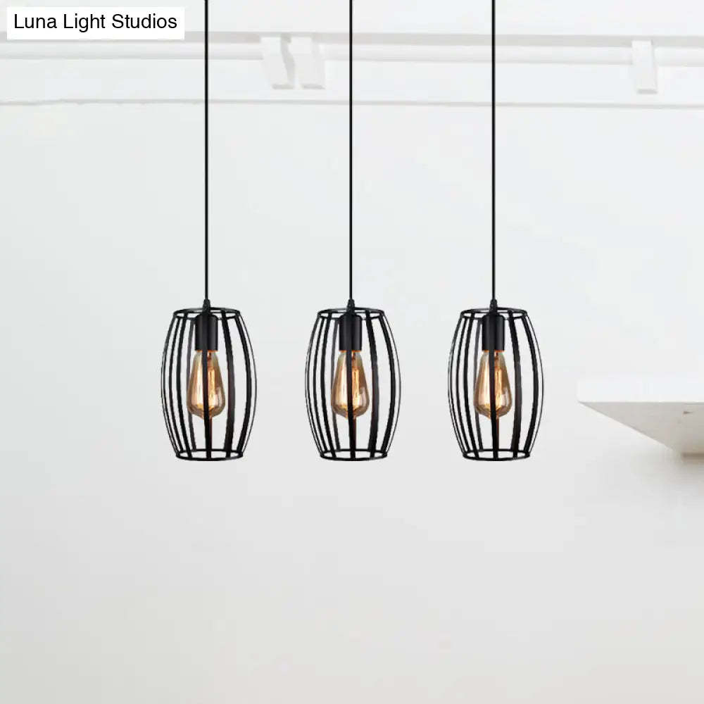 Black/White Oval Pendant Light Loft Style 3-Light Indoor Ceiling With Cage Shade