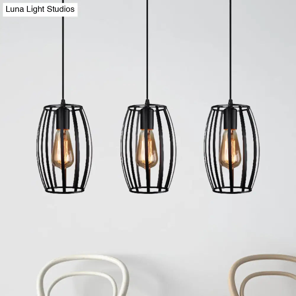 Black/White Oval Pendant Light Loft Style 3-Light Indoor Ceiling With Cage Shade Black