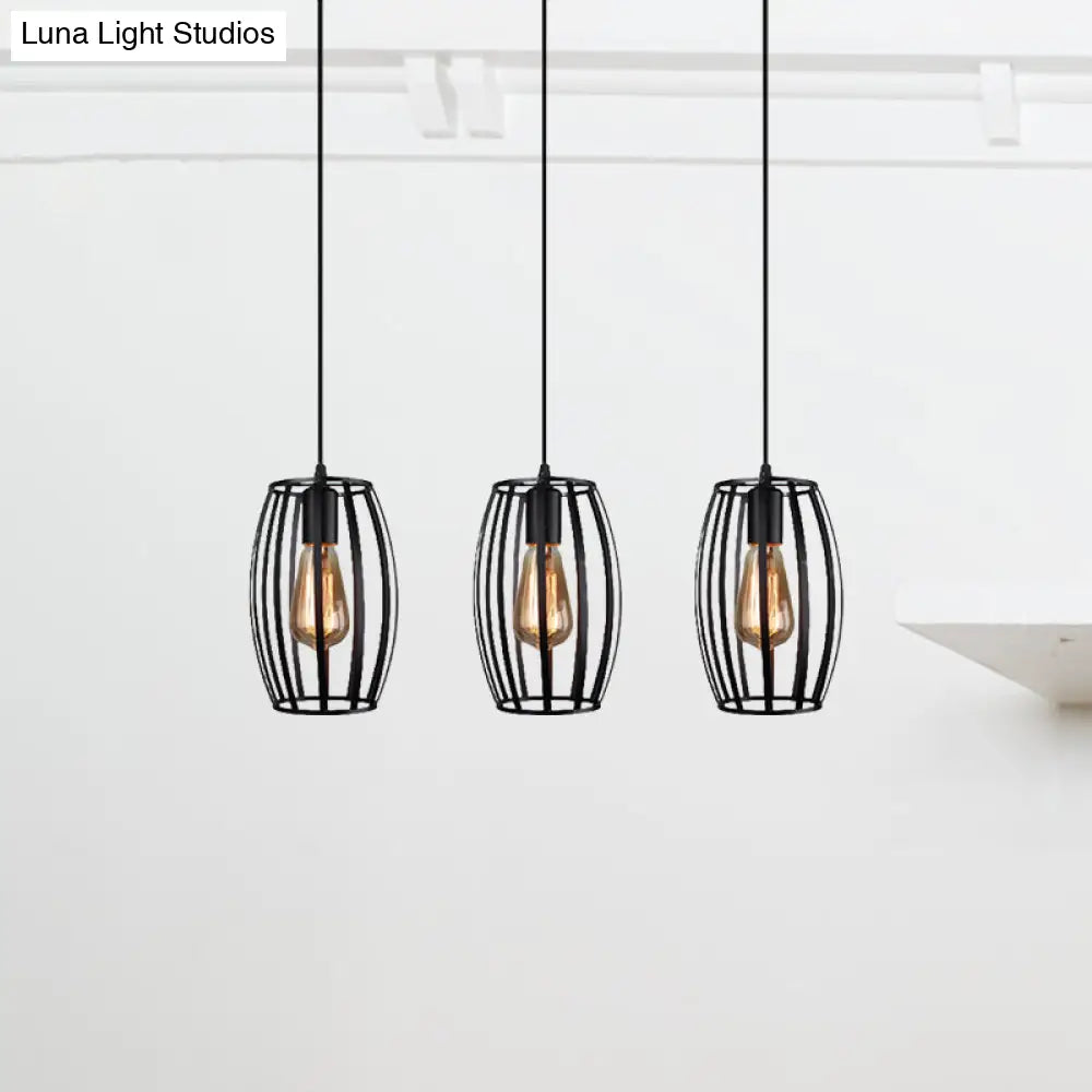 Modern Oval Pendant Light With Cage Shade - Black/White 3 Lights Indoor Hanging Ceiling Fixture