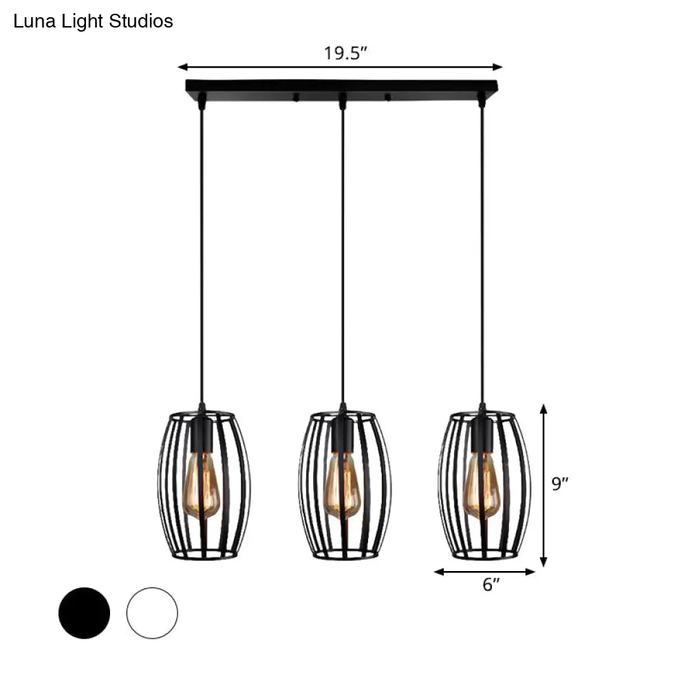 Modern Oval Pendant Light With Cage Shade - Black/White 3 Lights Indoor Hanging Ceiling Fixture