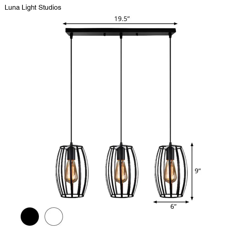 Black/White Oval Pendant Light Loft Style 3-Light Indoor Ceiling With Cage Shade