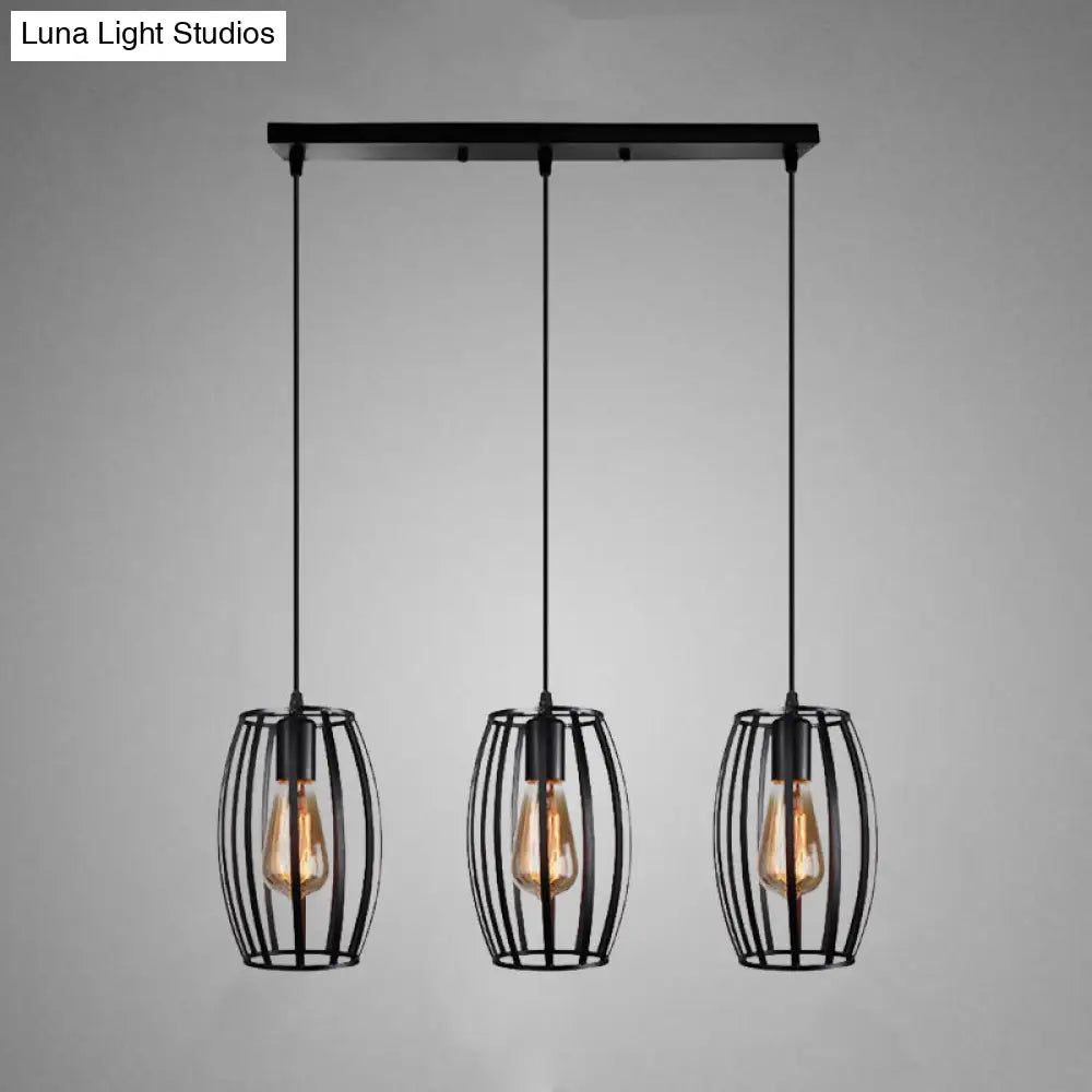 Modern Oval Pendant Light With Cage Shade - Black/White 3 Lights Indoor Hanging Ceiling Fixture