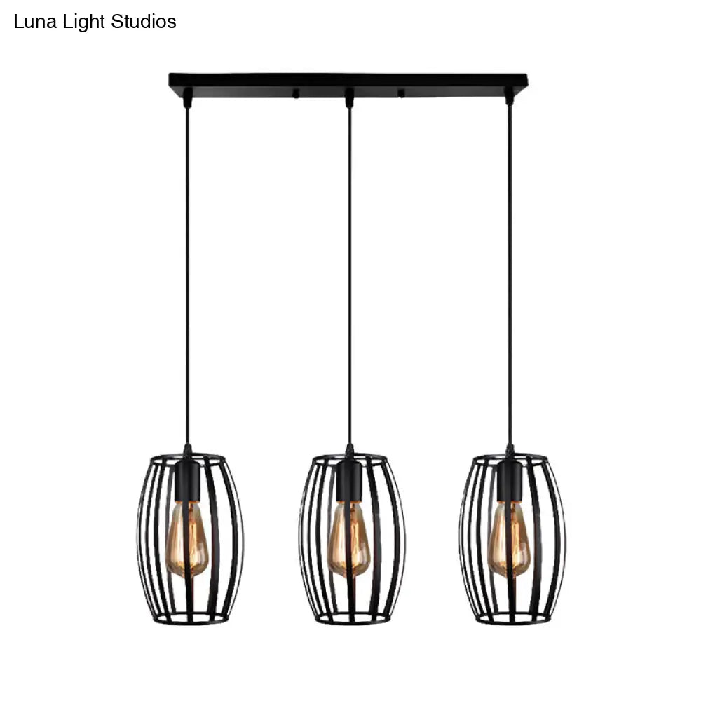 Black/White Oval Pendant Light Loft Style 3-Light Indoor Ceiling With Cage Shade