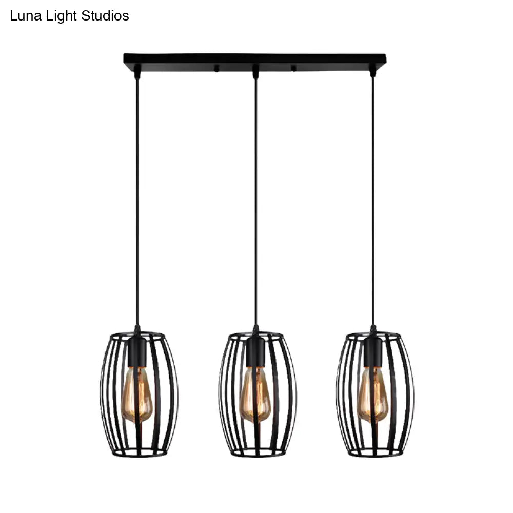 Modern Oval Pendant Light With Cage Shade - Black/White 3 Lights Indoor Hanging Ceiling Fixture