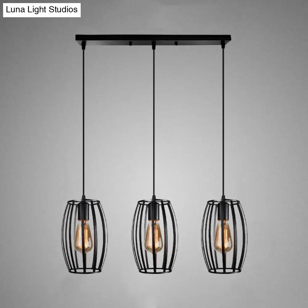 Black/White Oval Pendant Light Loft Style 3-Light Indoor Ceiling With Cage Shade