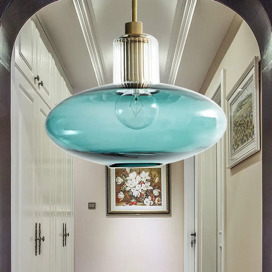 Modern Oval Pendant Light With Grey/Blue Glass - Ideal For Bedrooms Blue