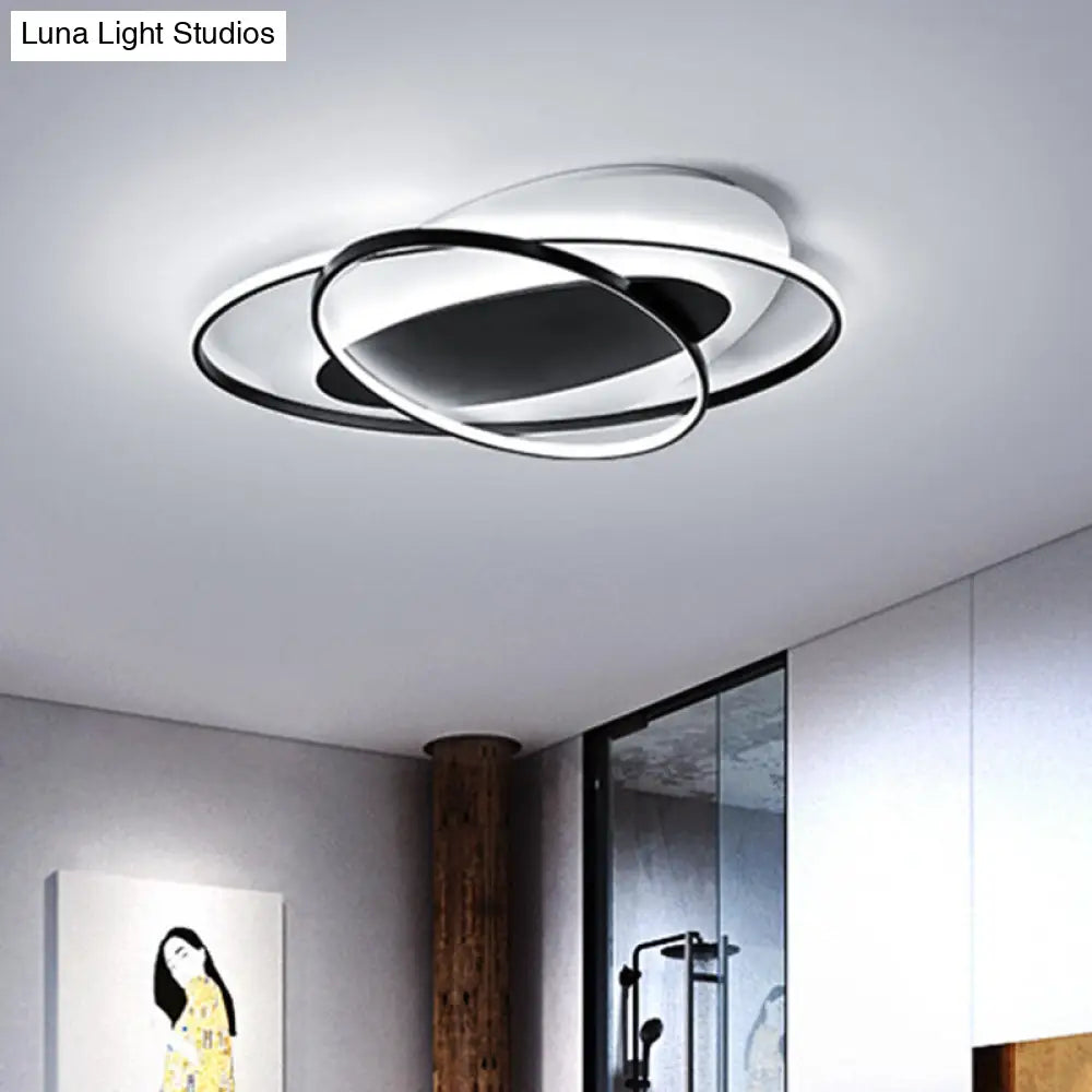 Modern Oval Ring Acrylic Flushmount Lighting In White/Black With Warm/White Led For Bedroom Ceiling