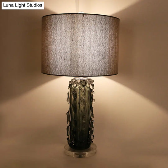 Modern Pale Barrel Fabric Shade Table Lamp With Embossed Crystal Column - Dark Gray