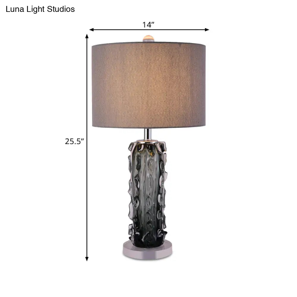 Modern Pale Barrel Fabric Shade Table Lamp With Embossed Crystal Column - Dark Gray