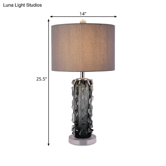 Modern Pale Barrel Fabric Shade Table Lamp With Embossed Crystal Column - Dark Gray