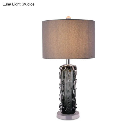 Modern Pale Barrel Fabric Shade Table Lamp With Embossed Crystal Column - Dark Gray