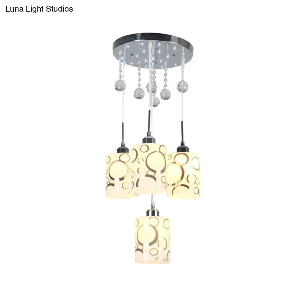 Modern Patterned Glass Cylinder Hanging Lamp With 4 Bulbs And Crystal Drip - Chrome Finish