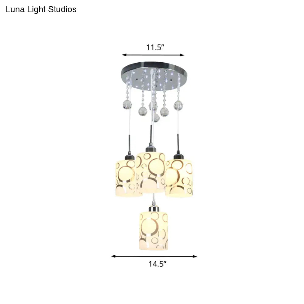 Modern Patterned Glass Cylinder Pendant Light With Crystal Accents And 4 Bulbs In Chrome