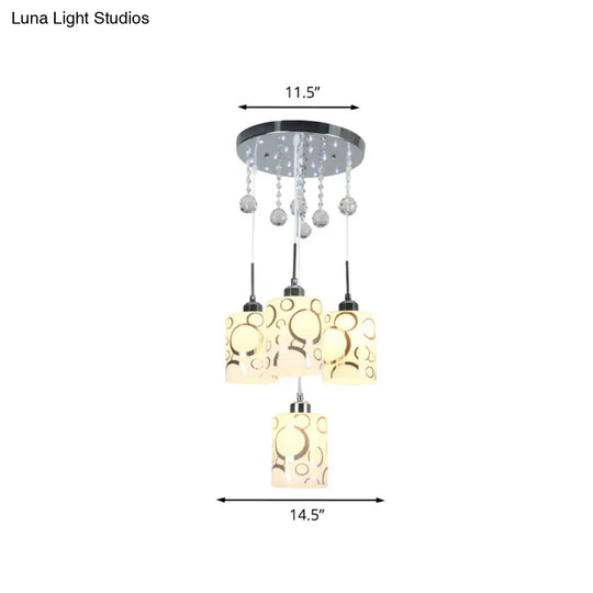 Modern Patterned Glass Cylinder Pendant Light With Crystal Accents And 4 Bulbs In Chrome