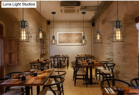 Modern Pendant Light Black Iron Hanging Cage Vintage E27Led Lamp Bulb Industrial Loft Retro Dining