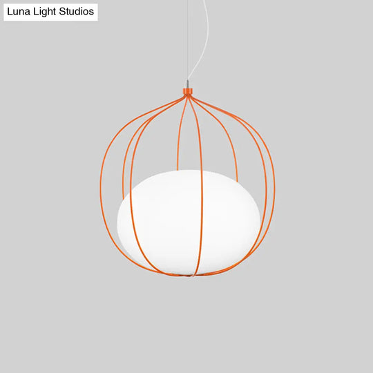 Modern Pendant Light With Milk Glass Shade And Melon Wire Frame - Ideal For Offices