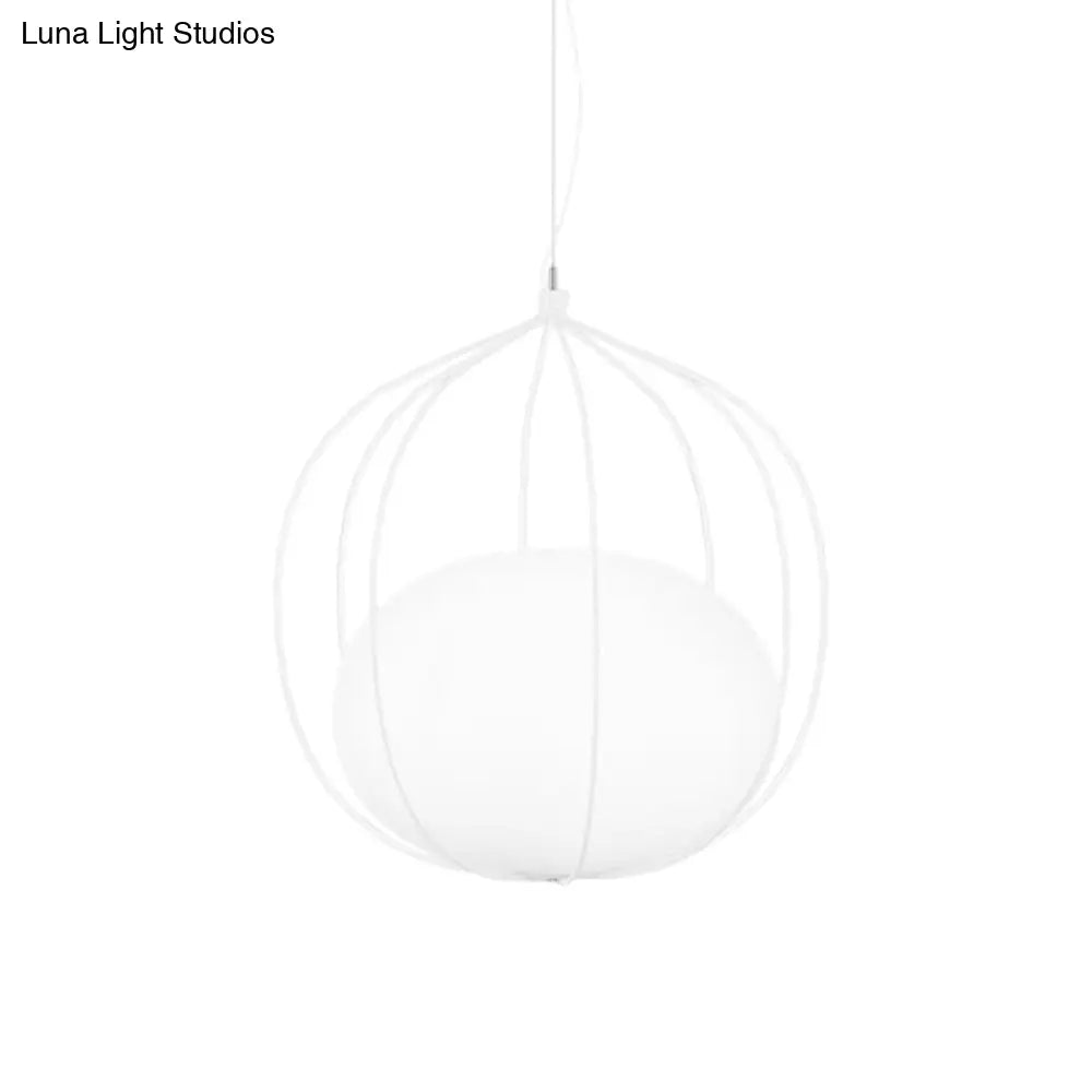 Modern Pendant Light: Egg Milk Glass Suspension With Melon Wire Frame - Ideal For Offices