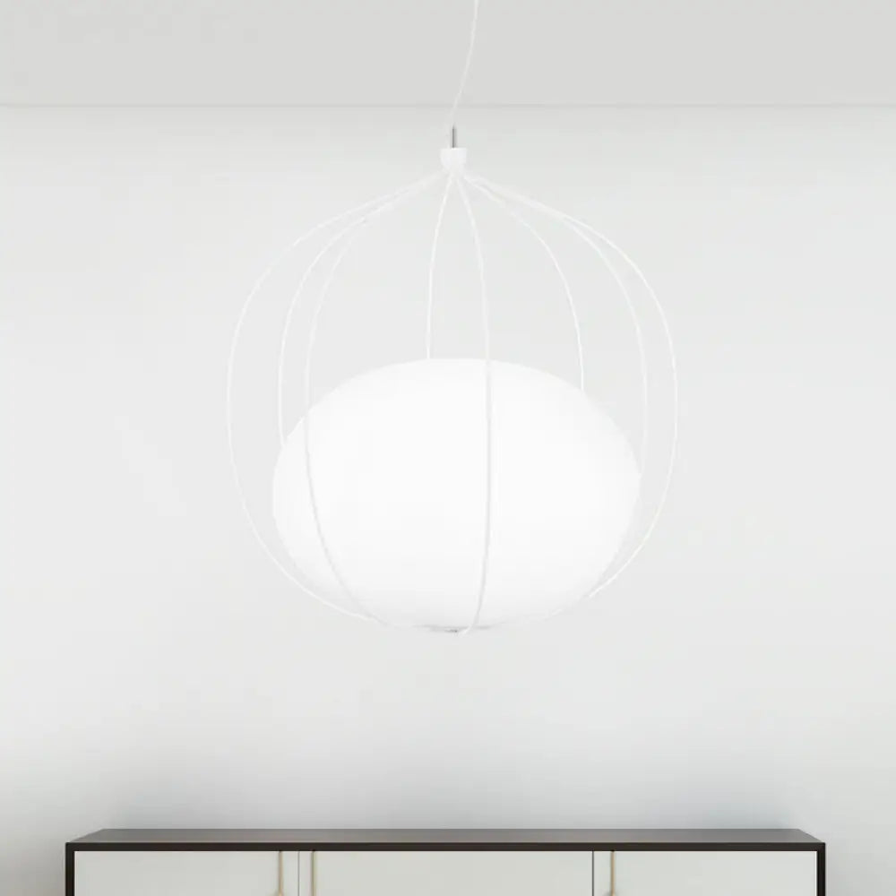 Modern Pendant Light: Egg Milk Glass Suspension With Melon Wire Frame - Ideal For Offices White