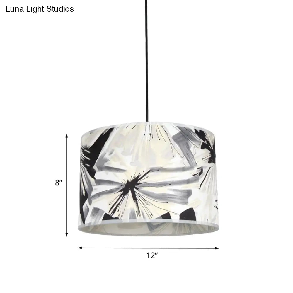 Modern Pendulum Drum Pendant Light With Printed Fabric Shade - Single Bulb Black And White Fixture