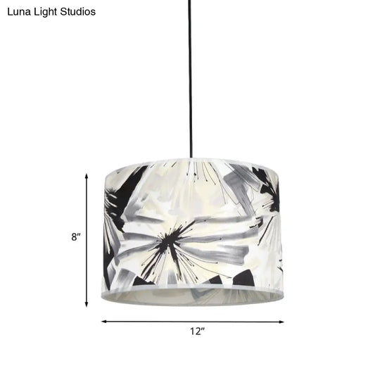 Modern Pendulum Drum Pendant Light With Printed Fabric Shade - Single Bulb Black And White Fixture