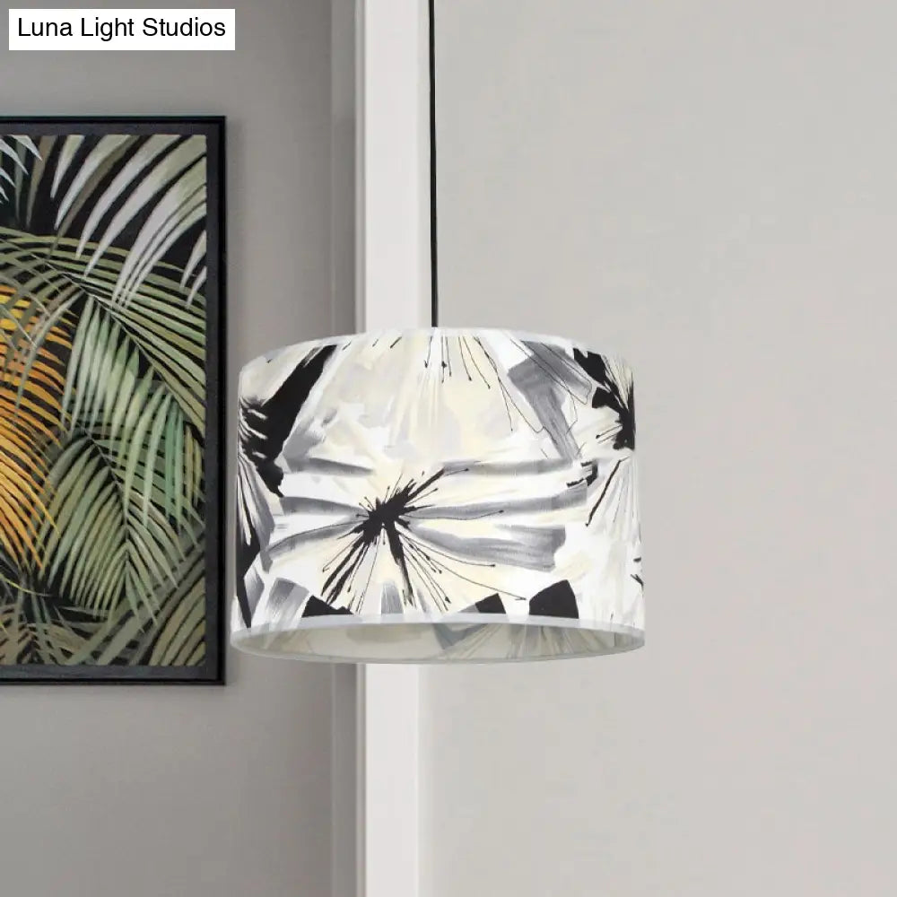 Modern Pendulum Drum Pendant Light With Printed Fabric Shade - Single Bulb Black And White Fixture