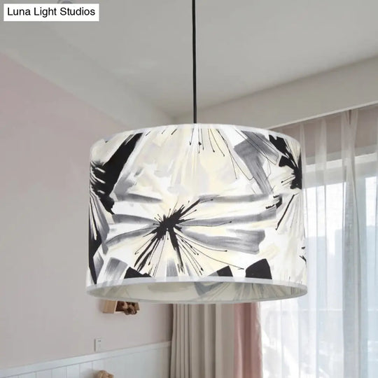 Contemporary Pendulum Light With Printed Fabric Drum Shade - Black And White Pendant Lighting