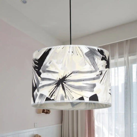 Modern Pendulum Drum Pendant Light With Printed Fabric Shade - Single Bulb Black And White Fixture