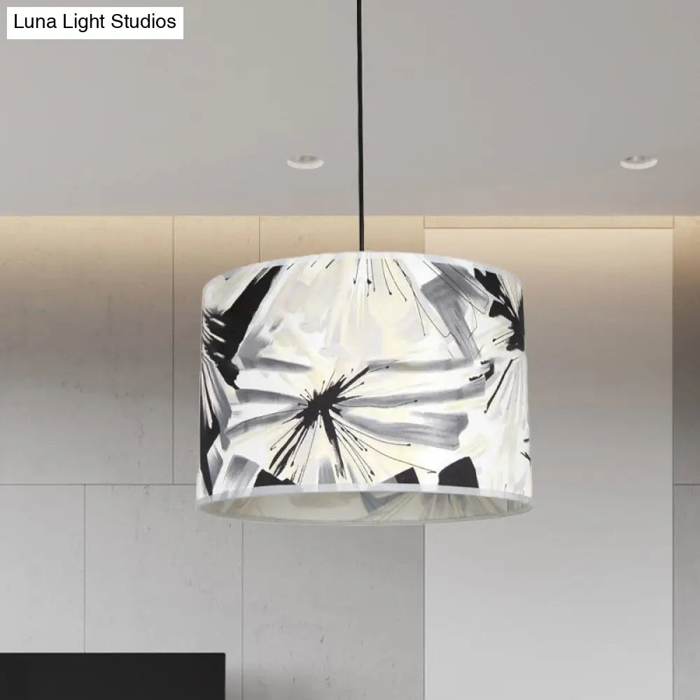 Modern Pendulum Drum Pendant Light With Printed Fabric Shade - Single Bulb Black And White Fixture