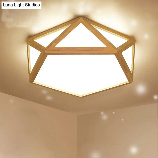 Modern Pentagon Flush Mount Acrylic Led Ceiling Lamp In Wood - 15/19/27 Diameter Warm/White Light /