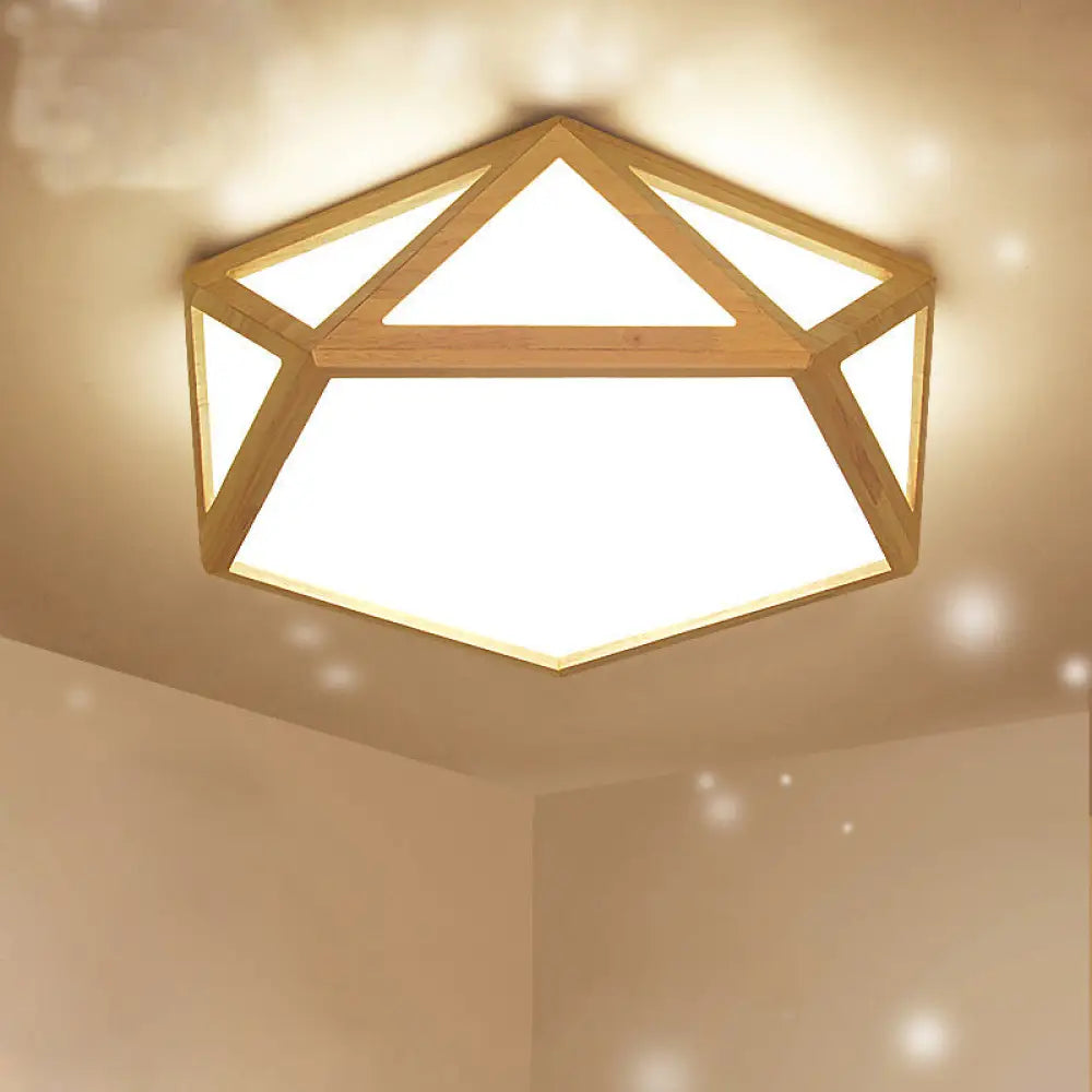 Modern Pentagon Flush Mount Acrylic Led Ceiling Lamp In Wood - 15’/19’/27’ Diameter